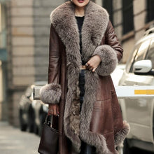 Load image into Gallery viewer, Winter Sheepskin Shearling Coat Women Luxury Fox Fur Collar Mid Length Asymmetrical Genuine Leather Jacket Warm Female Overcoat
