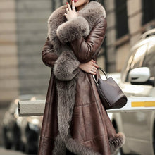 Load image into Gallery viewer, Winter Sheepskin Shearling Coat Women Luxury Fox Fur Collar Mid Length Asymmetrical Genuine Leather Jacket Warm Female Overcoat
