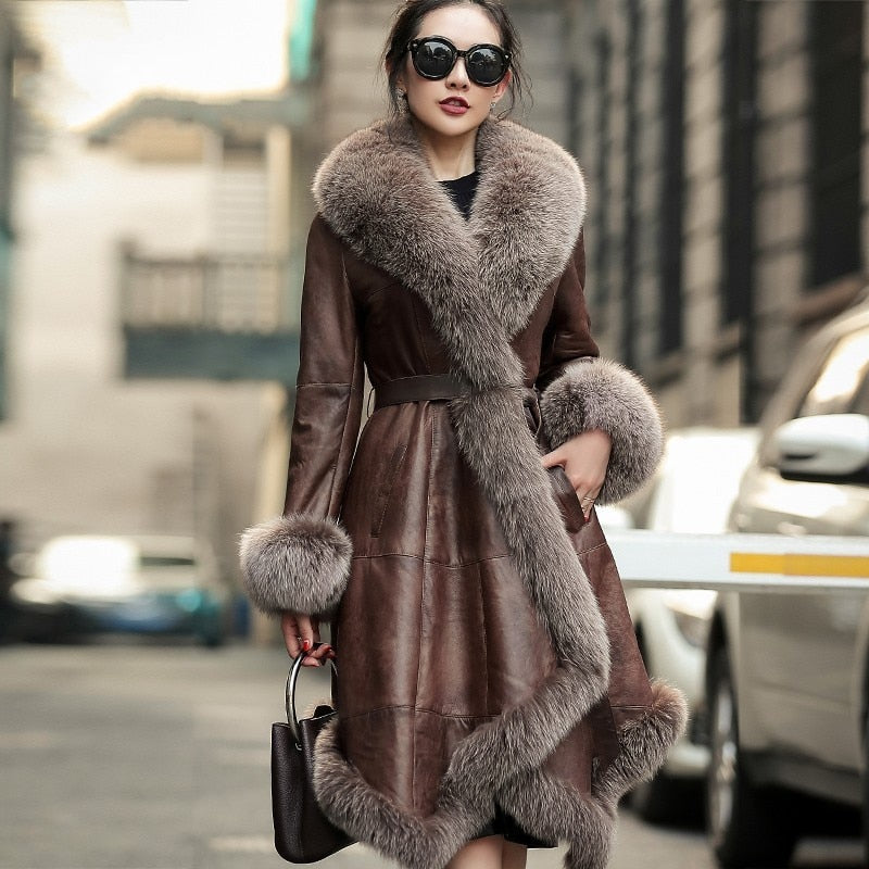 Winter Sheepskin Shearling Coat Women Luxury Fox Fur Collar Mid Length Asymmetrical Genuine Leather Jacket Warm Female Overcoat