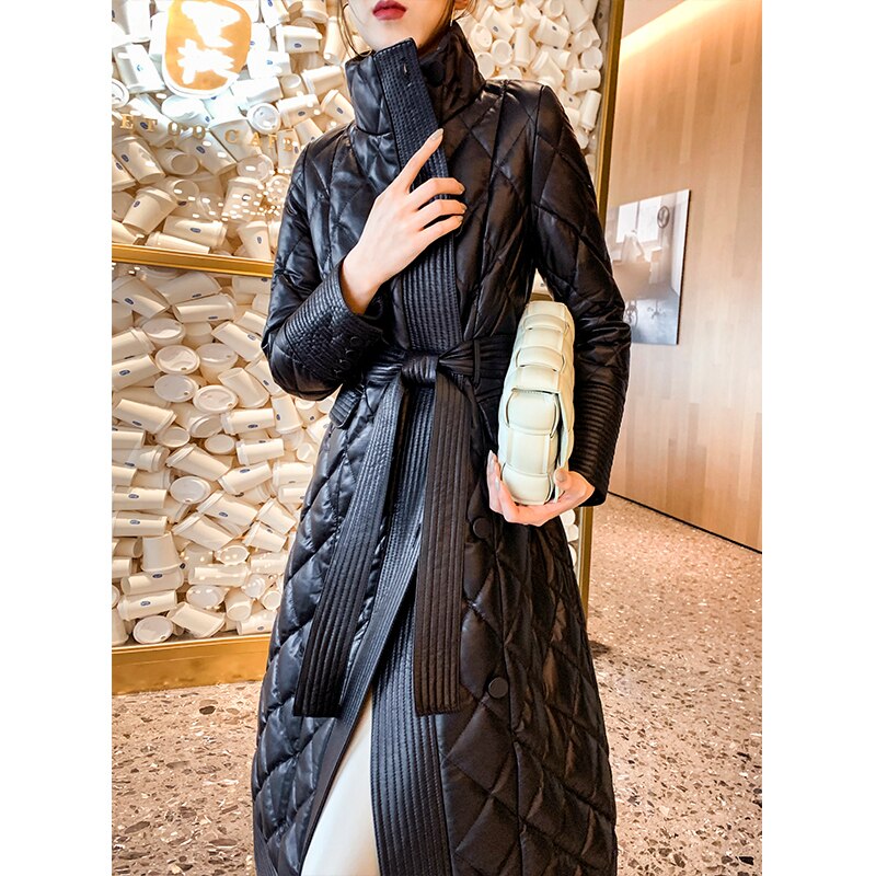 Designer Stand Collar Belt Sheepskin Coat Women Luxury 100% Genuine Leather Down Jacket Streetwear Slim Overcoat Female S-2XL