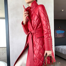 Load image into Gallery viewer, Designer Stand Collar Belt Sheepskin Coat Women Luxury 100% Genuine Leather Down Jacket Streetwear Slim Overcoat Female S-2XL
