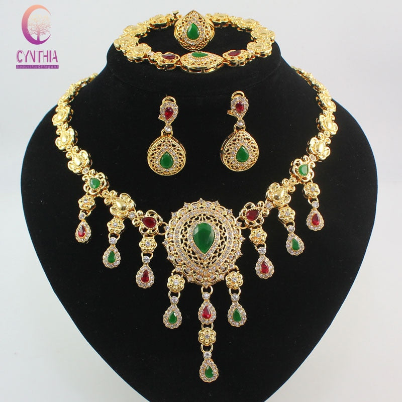 African Beads Red/Green Rhinestone Costume Fine Jewelry Sets.  Gold Color Crystal Jewelry Set