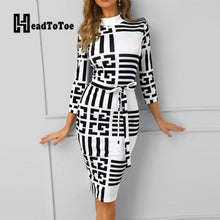 Load image into Gallery viewer, Striped Women&#39;s Bodycon Midi Dress Three Quarters Sleeve, Mock Neck

