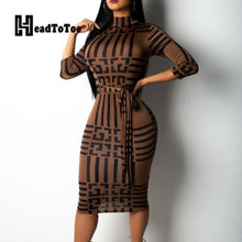 Load image into Gallery viewer, Striped Women&#39;s Bodycon Midi Dress Three Quarters Sleeve, Mock Neck
