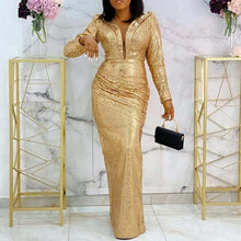 Load image into Gallery viewer, Evening Celebrity Dresses Long Luxury Party Gown Golden Long Sleeve Sexy V Neck African Fashion Women Autumn Maxi Dress
