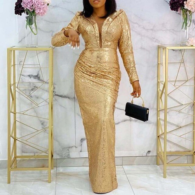 Evening Celebrity Dresses Long Luxury Party Gown Golden Long Sleeve Sexy V Neck African Fashion Women Autumn Maxi Dress